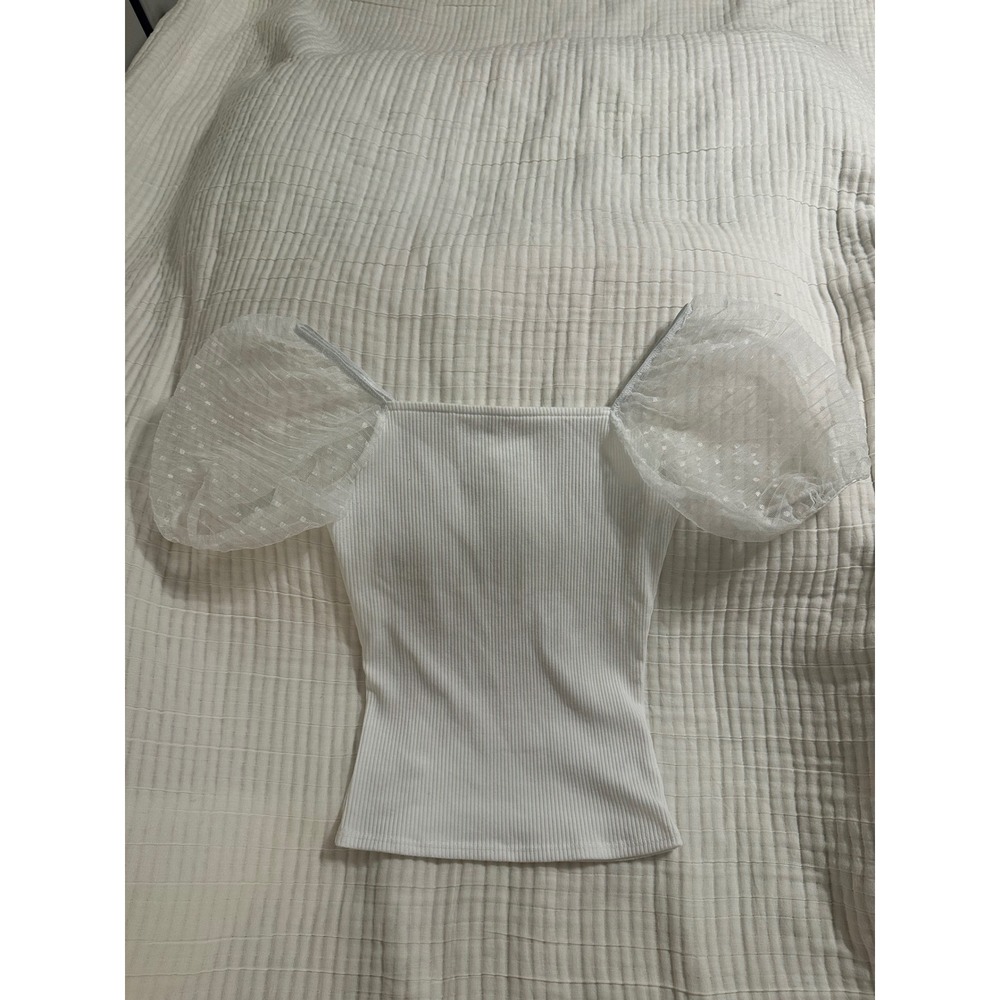 Altar'd State White Ribbed Puff Sleeve Swiss Dot Fitted Mesh Top Medium